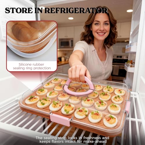 Deviled Egg Containers with Lid, Acacia Wooden Base with 28 Slots | Portable Deviled Egg Platter Carrier Holder Trays, Elegant appearance, Strong Durability, for Party and Home Kitchen - color: Pink