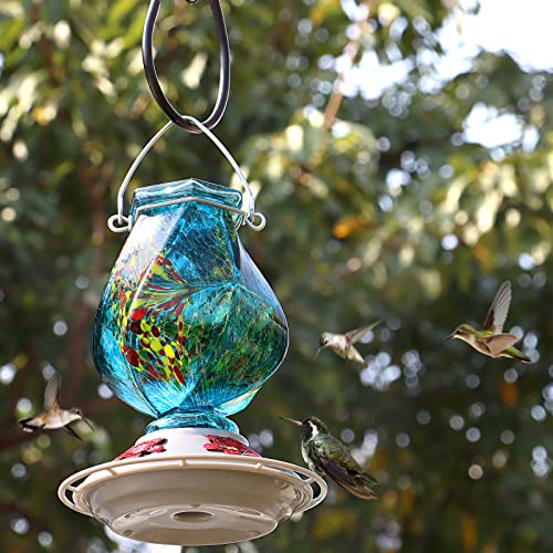 Hummingbird Feeders for Outdoors Hanging, Hand Blown, Blue, 22oz | Glass Hummingbird Feeder with Ant Moat, 5 Bee-Proof Ports, Leak-Proof, 360° Perch, Garden Decor, Gifts for Women Men Mom Dad - color: Blue