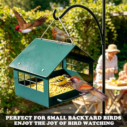 All-Metal Platform Bird Feeder, Dark Green Hanging Feeder | Double-Sided Long Perches, Stainless Steel Mesh Tray, Extended Roof Eaves and Rust-Resistant Finish for Small Birds