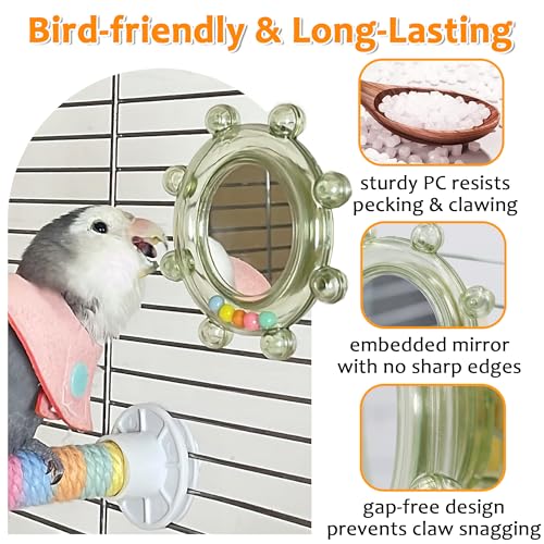 2Pcs Innovative Bird Toy with Mirror, Spinner Toy with Rustling Beads | Safely Embedded No Sharp Edges Parakeet HD Mirror for Cage, Flexibly Mounted Rotating Budgie Enrichment Fits Any Cage - style: 2pcs with mirror