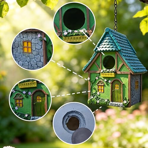 Resin Green House Hanging Bird House for Outside, Hand-Painted Resin Birdhouse with Flower & Vine Details, Weatherback Bird Hut for Garden, Patio, Tree Decor, Bird Nest for Small Wild Birds
