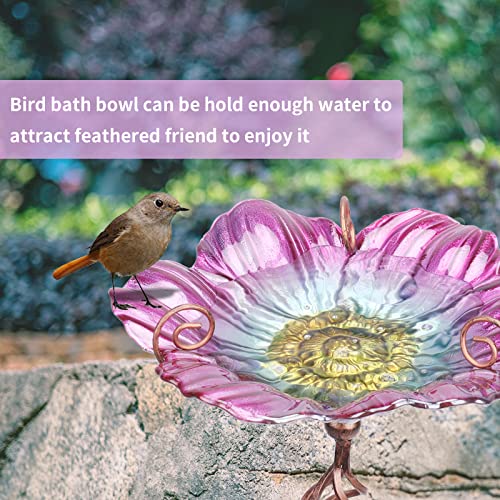 Glass Birdbath Birdfeeder with Metal Stake Garden Yard Outdoor Pink | 31inch height stain glass bird bath for outside,pink flower bird bath bowl,attract wild birds and beautify outdoor gardens - color: Pink+Yellow
