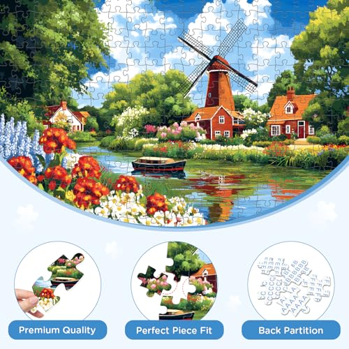300 Piece Puzzles for Adult, Windmill River and Flower Jigsaw Puzzles - style: Windmill River