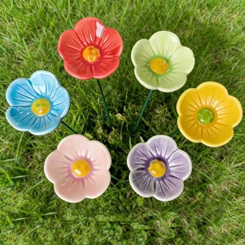 6pcs Ceramic Mini Pollinator Watering Station for Garden Flower Shaped bee & Butterfly Water Drinking Cups Bath Feeder Outdoor Garden Stake Decor