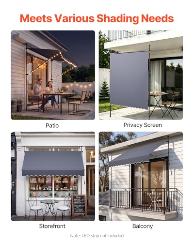 VEVOR Manual Retractable Awning, 98" x 59" Outdoor Patio Awnings Sunshade Shelter with 43"-59" Retractable Side Bar, No Drill Height Adjustable, Crank Handle for Backyard, Balcony, Dark Gray - size: 98x59 in