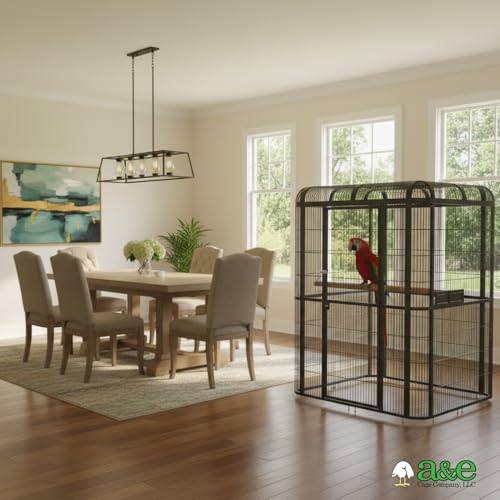 A&E Cage Co WI6262 Walk-in Bird Aviary for Parrots, 62"x62"x79" Black | Key-Lock 69"x25" Door, 3 Swing-Out Feeder Stations, Stainless Steel Bowls, Fits African Greys, Amazons & Cockatoos - size: 62.0"L x 62.0"W x 79.0"H