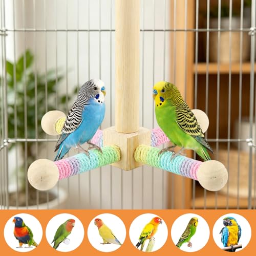 Spinning Bird Stand Perch, 360° Rotating Perch with Swing for Parrot Anxiety Relief, Wooden Bird Cage Accessories for Parakeets Budgies Cockatiels