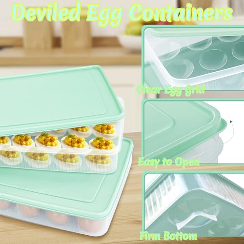 2PCS Deviled Egg Containers with Lid,Portable Storage Carrier Egg Holder,Stackable Plastic Egg Tray Carrier for Kitchen,Fridge,Keep Fresh,Easter(48 Eggs) - style: Green-48 eggs