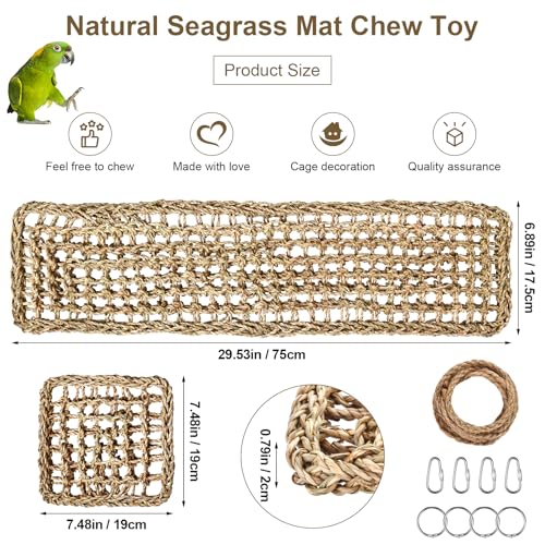 2Pcs Natural Sea Grass Parrot Mat - Foraging Chew Wall Toy with Climbing Rope & Hook, Hanging Play Pad for Lovebirds/Cockatoos/Budgerigars/Conures/Pigeons | 2 Sizes29.53x6.89 &7.48x7.48 Inches