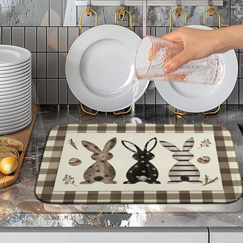 Easter Dish Drying Mat for Counter Bufflao Plaids Bunny Dish Mat Cute Rabbits Eggs Carrot Absorbent Microfiber Dish Draining Mat Reusable Dishes Pad Large 16x18 In - color: Easter Rabbit Bunny, size: 16" x 18"
