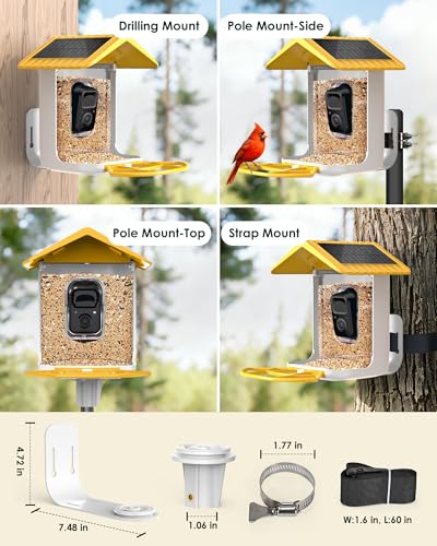 Bird Feeder with Camera Solar Powered 2K Video with 32GB Card Auto Capture | Instant App Alert, AI Identify, Easy Refill, 1.8L Capacity, IP65 Weatherproof, Pole/Bracket Mount, 3 DIY Add-ons, 2.4G Wifi - color: Yellow
