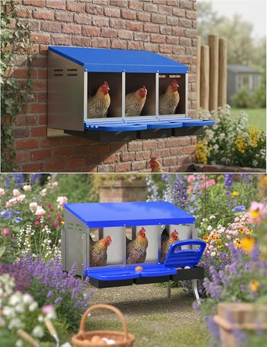 GarveeLife Chicken Nesting Box 3 Hole, Galvanized Steel Nest with Roll Away Egg Collection & Swing Perch, Easy-Clean Laying Box for Hens, Heavy Duty Design for Chicken Coop - color: Blue, size: 3 holes with legs