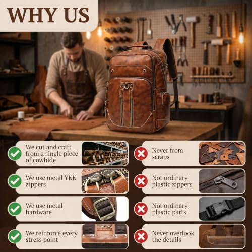 Full Grain Leather 16" Laptop Business Travel Backpack for Men, Orange | Vegetable Tanned Leather, YKK Metal Zippers, 5 Compartments, Ergonomic S-Straps, Large Capacity, Trolley Sleeve - color: Orange