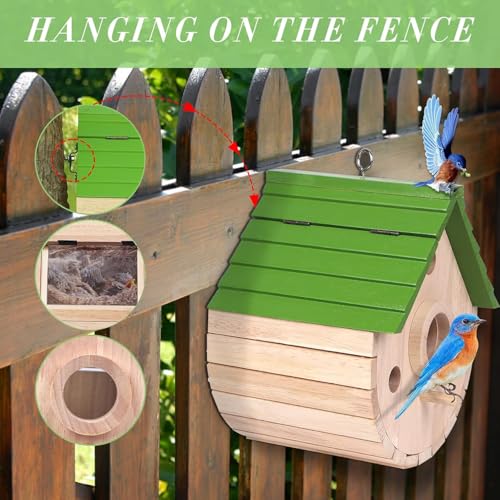 Wooden Bird House for Outside，3Holes Bird House for Bluebird Cardinals Wren Swallow, Hangding Birdhouse in Garder/Balcony/Courtyard Green - color: Green