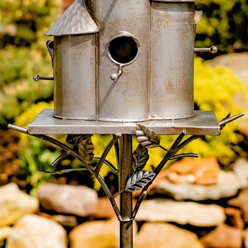 Zaer Ltd. Large Silver Colored Multi-Birdhouse Stakes, Room for 4 Bird Families in Each (Tall Triple Cylinder Homes (Silver Color)) - style: Tall Triple Cylinder Homes (Silver Color)