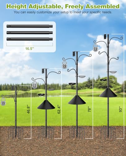 Heavy Duty Bird Feeder Pole Shepherds Hooks Squirrel Proof for Outdoor | Adjustable Heavy Duty Birdhouse Pole Smart Feeder Stand with 4 Hooks 9 Prongs Base Squirrel Baffle for Hanging Plant Garden - size: 93inch