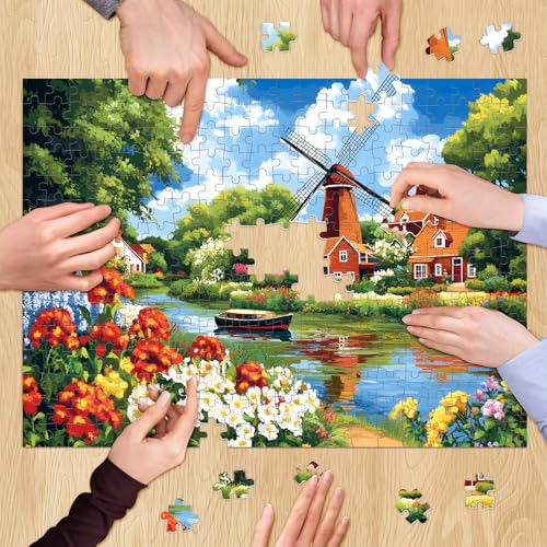 300 Piece Puzzles for Adult, Windmill River and Flower Jigsaw Puzzles - style: Windmill River