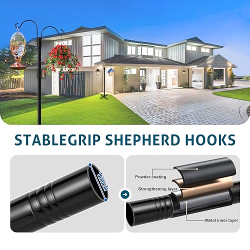 Ottsuls Double Shepherds Hooks for Outdoor, 92 Inch Bird Feeder Pole with 5 Prong Base, Upgrade 1 INCH Thick Heavy Duty Planter Hook for Hanging Baskets, Lantern,1 Pack - size: 92 IN