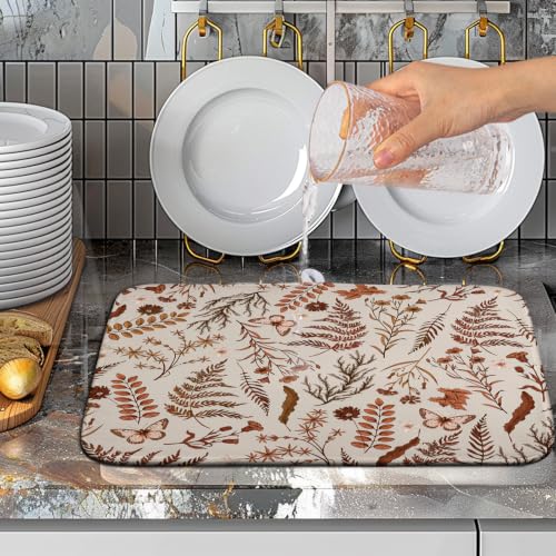 Burnt Orange Fall Floral Dish Drying Mat Autumn Wildflower Absorbent Microfiber Kitchen Counter Mat Rustic Vintage Herb Plant Dish Drying Pad Washable Dishes Drainer Mats Medium 16"x18" - color: Burnt Orange Fall, size: 16" x 18"