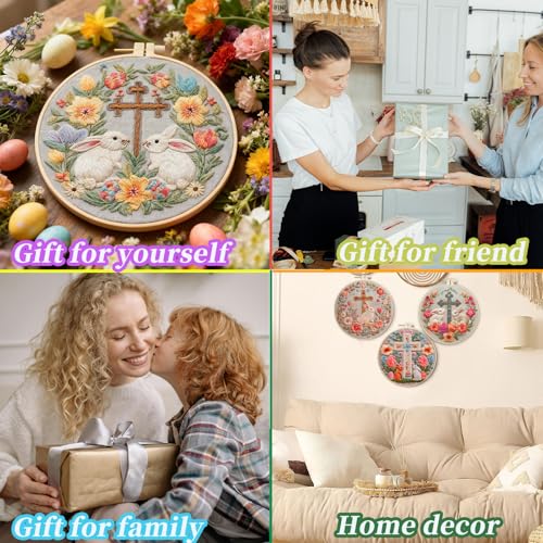 FONNUY Easter Rabbit Floral Cross Embroidery Kit, Easter Egg Happy Rabbits Bunny Stamped Pattern Kits for Audlt Beginners, Hand Works Crafts, 8 x 8'' (Happy Bunny 01) - color: Happy Bunny 01