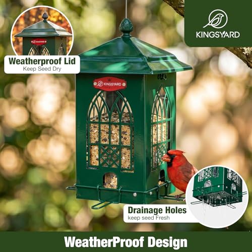 Kingsyard 5 Lbs Squirrel Proof Bird Feeders with Weight-Activated Perches | Large Metal Bird Feeder House for Outdoors, Weatherproof, Great for Small Wildbirds Cardinal Finch Bluebird, Green - color: Green
