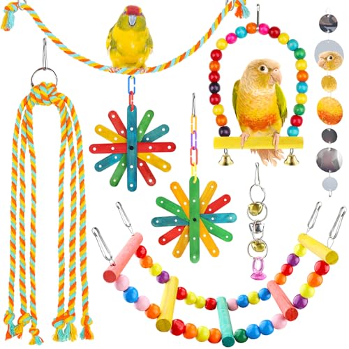 QUOZUO 8 pcs Bird Toys for Parakeets with Colorful Ladder Hammock Bird Cage Accessories Bird Perch Stand Chewing Toys Hanging Bell Parrot