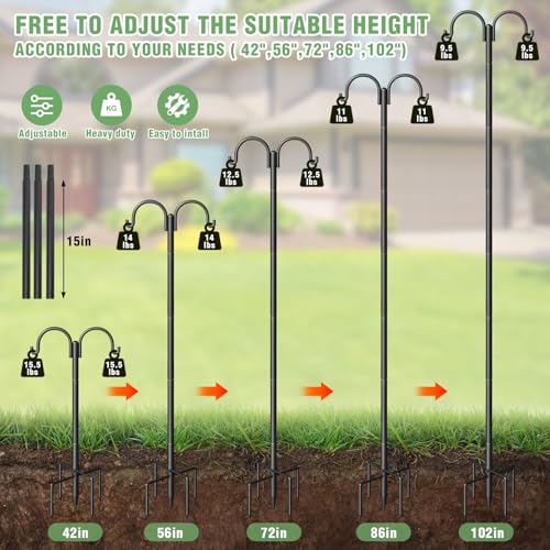 Double Shepherds Hooks for Outdoor, Heavy Duty Bird Feeder Pole with 5-Prong Base - Rust-Proof, Adjustable Bird Feeder Hanger for Garden, Wedding Decor & Hanging Plants - size: 108 Inch