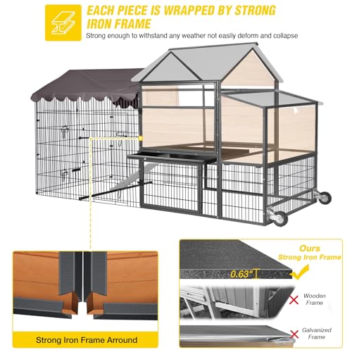 Aivituvin Large Chicken Coop Mobile Hen House with Wheels Strong Iron Frame Poultry Cage with Run Nesting Box, Duck Coop with Waterproof Rain Cover,85"