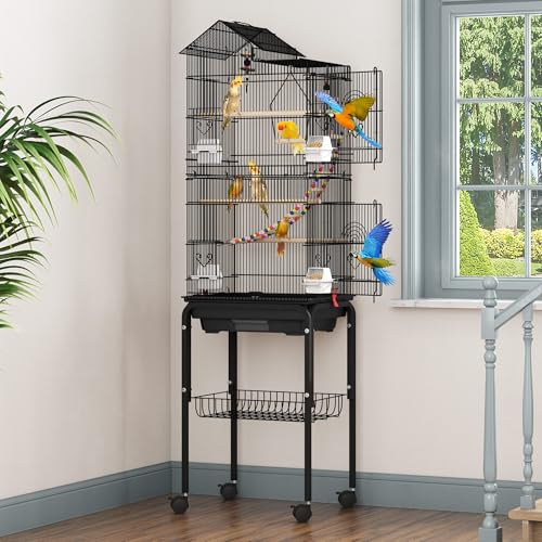 DWVO 62-inch Metal Bird Cage | Bird Cage Spacious for Cockatiels, Parrots, Pigeons, Lovebirds, Features Roof Access and Rolling Stand Black - color: Black