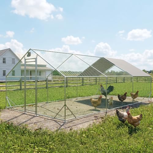 10' x 20' Large Metal Chicken Coop, Outdoor Heavy-Duty Chicken Run with Waterproof Oxford Cover & Secure Lockable Door, Walk-in All-Weather Poultry Cage for Hens, Ducks, Rabbits, Silver - color: Silver B, size: 120.0"L x 240.0"W x 240.0"H