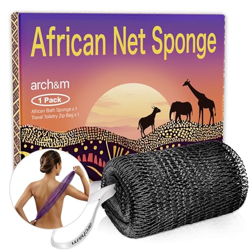 ARCH&M African Exfoliating Net Sponge Authentic, 53" Extra-Long Loofah | Quick-Dry Mesh Body Scrubber, Smoother Skin, Women and Men Daily Use, Gentle for Sensitive Skin, Travel Spa Gifts - color: Black