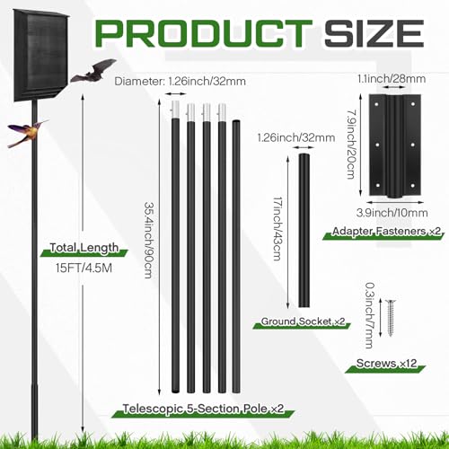 Yaocom 2 Pack 15FT Telescoping Bat House Poles Aluminum Adjustable Purple Martin House Pole with Ground Socket Heavy Duty 5-Section Pole Kit Bird Feeder Accessories for Outdoor Wildlife Nest