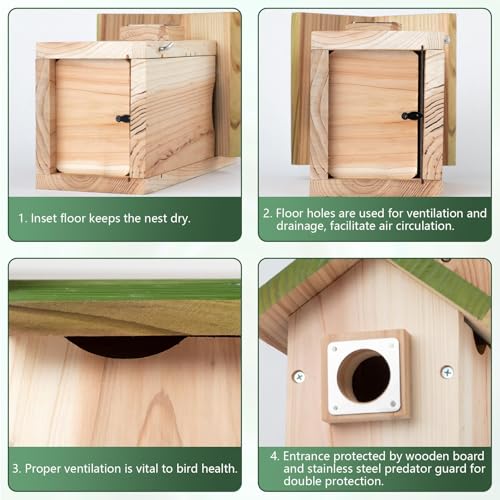 Outdoor Cedar Birdhouse, 1.5" Hole Bluebird Nesting Box with Predator Guard | Metal predator guard protects nest, side cleaning door opens fast, interior step gives baby birds extra grip to climb out - style: Modern