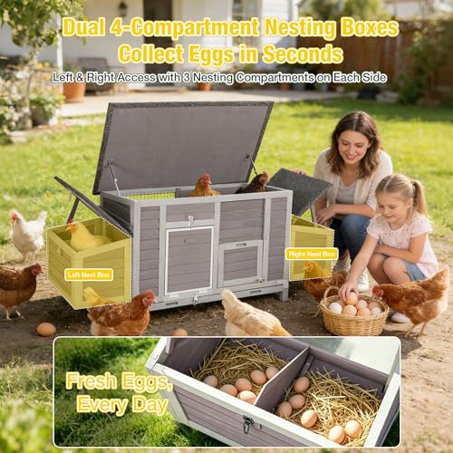 Aivituvin Large Chicken Coop for 4-6 Chickens, Reinforced Outdoor Wooden Hen House with 4 Sectionable Nesting Box, Easy Clean Pull-Out Tray, Waterproof Asphalt Roof - Grey, 67.3"L x 25.4"W x 28.1"H - size: 67.3"L x 25.4"W x 28.1"H
