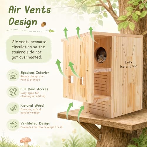 Large Squirrel House for Outside, Wooden Squirrel Nesting Box | Solid Pine Den Box, Predator Guard & Easy-Clean Front Door, Enhanced Protection, Backyard Habitat Shelter for Outdoor Winter - size: Large