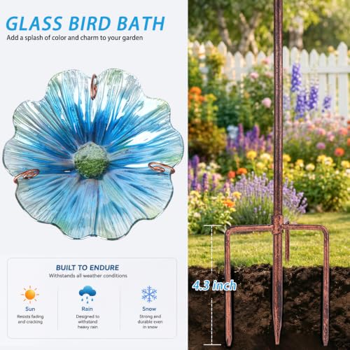 Glass Birdbath Birdfeeder with Metal Stake Garden Yard Outdoor Blue | 31inch height stain glass bird bath for outside,Blue flower bird bath bowl,attract wild birds and beautify outdoor gardens - color: Blue