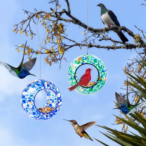 Patelai 2 Pcs Bird Feeder Mosaic Glass Hanging Bird Feeder Round Birdfeeder Fly Through Balcony Birdfeeder for Backyard Window Outdoor Garden Deck Porch Decorations, 6 Inch (Cute) - style: Cute
