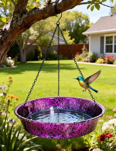 Hanging Bird Bath for Outside, 11.5” Metallic Purple & Blue Metal Birdbath Bowl & Feeder with Black Chain Outdoor Garden Yard Decor - color: Metallic Purple & Blue