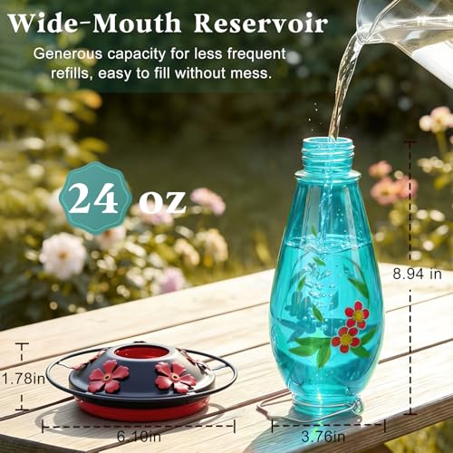 24 OZ Hummingbird Feeder for Outdoors Hanging, | Heavy-Duty Thick Glass Bird Feeder with Floral Decals, Leak-Resistant Metal Base with 5 Feeding Ports & Perch - color: Blue