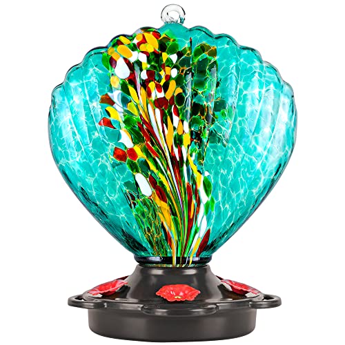 LUJII Seashell Shaped Hand Blown Glass Hummingbird Feeder for Outdoors Hanging, Rust Proof & Leak Proof, 25 fl.oz, Unique Gardening Gift for Women, Garden & Backyard Decor, Teal - color: Teal