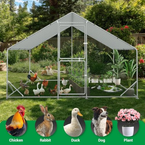 ACEPIC 10x6.5x6.5ft Metal Chicken Coop with Roosting Perch & Security Lock | Walk-in Poultry Cage with Waterproof & UV Resistant PE Top, Predator-Proof Hen Run - size: 118.11"L x 78.74"W x 78.74"H