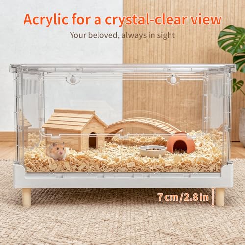 Hamster Cage15.4 High Panoramic Clear Syrian Playhouse | 470 Sq In cozy retreat floor, 6.5" deep burrowing tray, 2.8" elevated thermal legs, 5-min foldable assembly - size: 27.5"L x 16.9"W x 15.4"H