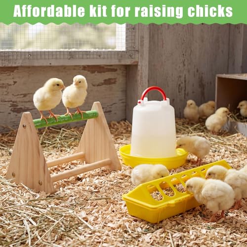 14 Pcs Chick Feeder and Waterer Kit with Wooden Perch Baby Poultry Starter Set 1.5 L Feeding Dispenser for Small Poultry Ducks Quail Pigeon Coop and Brooder (Yellow) - color: Yellow