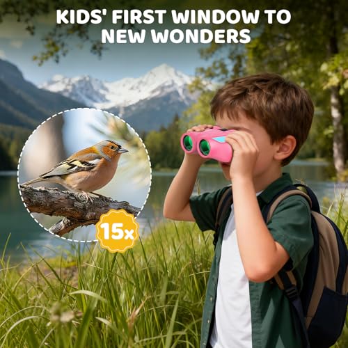Aurosports 15x25 Compact Binoculars for Kids with Bird Guide Book, Pink | Lightweight Easy Focus with Carrying Case & Strap; Durable Fully Coated; Birdwatching Cruise Travel Gift for 8-12 Boys Girls - color: Pink