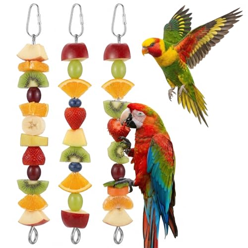 3 Pcs Bird Food Holder, Stainless Steel Bird Feeder for Cage, Parrot Fruit Vegetable Skewer, Parakeet Feeder Toys Cage Accessories, Hanging Foraging Toys for Macaw Parakeet Parrot Budgie Birds