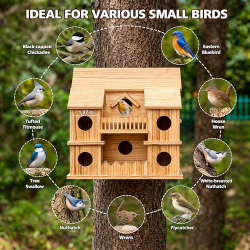 Wooden Bird Houses for Outside, 10 Holes Multi-Chamber Bird House, 1.37" Entrance Hole for Small Birds, Decorative Outdoor Bird Nesting Box