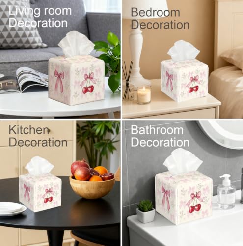 Watercolor Pink Bow Cherry Tissue Holder, Coquette Decor Gift | 5.2Inch Coquette Pink PU Tissue Box Cover, Decor for Vanity,Bedroom,Restroom & Dorm, Birthday & Girls Holiday Gift - color: White Decoration Theme-13