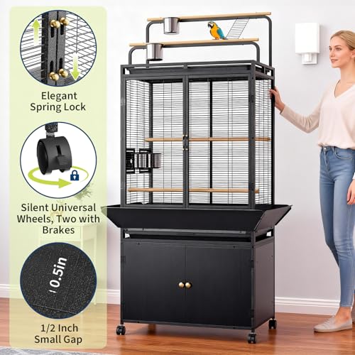 Large Bird Cage with Storage Cabinet& Play Top, 71 Inch Corner Flight Birdcage for Parrot, Cockatiel, Macaw Budgie, Wide Metal Rolling Bird Aviary Black | Wide Birdcage for Parrot, Cockatiel, Cheek Conure, Macaw Budgie, Metal Rolling Bird Aviary Black - s