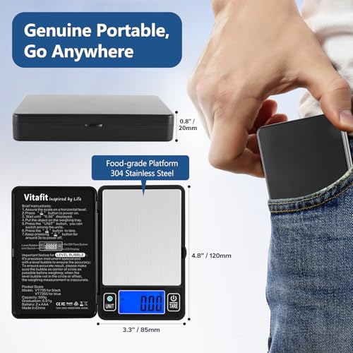 Vitafit 500g Digital Gram Scale in 0.01g, High Accuracy Assured by Built-in Level Bubble, Scale Professional Since 2001, Pocket Scale for Multi-Function: Kitchen, Food, Jewelry, Lab, Coffee, Black - color: Black, size: 4.8 x 3.3in