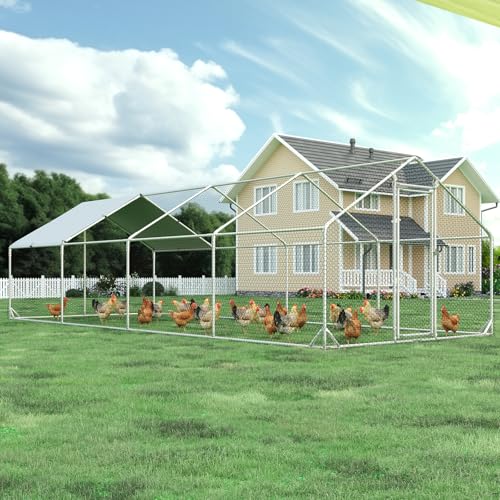 4ever2buy Metal Chicken Coop, 9.5x25 FT Walk-in Chicken Run Pen Poultry Cage, Water-Resistant & Anti-UV Cover, Large Chicken Coop for 25-30 Chickens - size: 298.8"L x 114.0"W x 76.8"H
